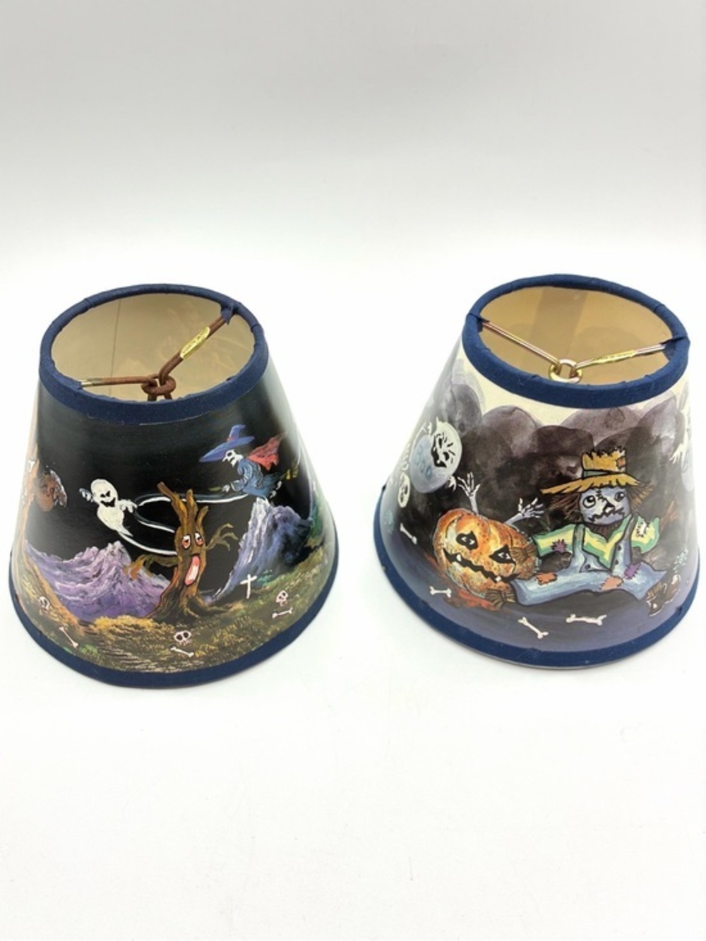 Vintage Halloween Mini Paper Lamp Shades Pair Witch Ghost Pumpkin Spooky Decor